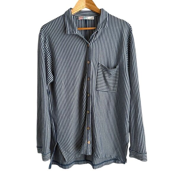 Free People Beach Blue and White Striped Jersey Knit Long Sleeve Shirt - Picture 1 of 5
